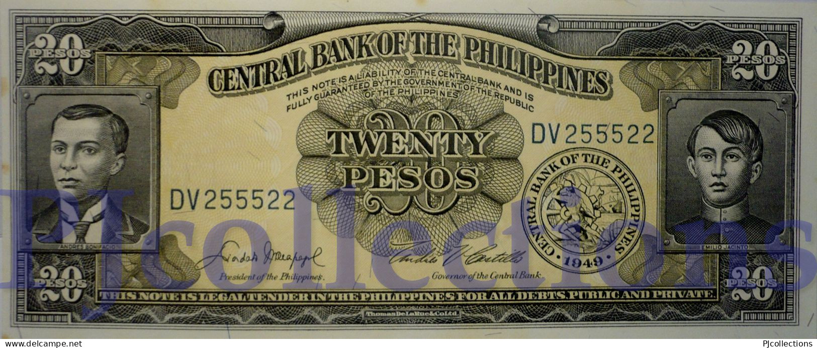 PHILIPPINES 20 PESOS 1949 PICK 137d UNC GOOD SERIAL NUMBER "DV255522" - Filippine