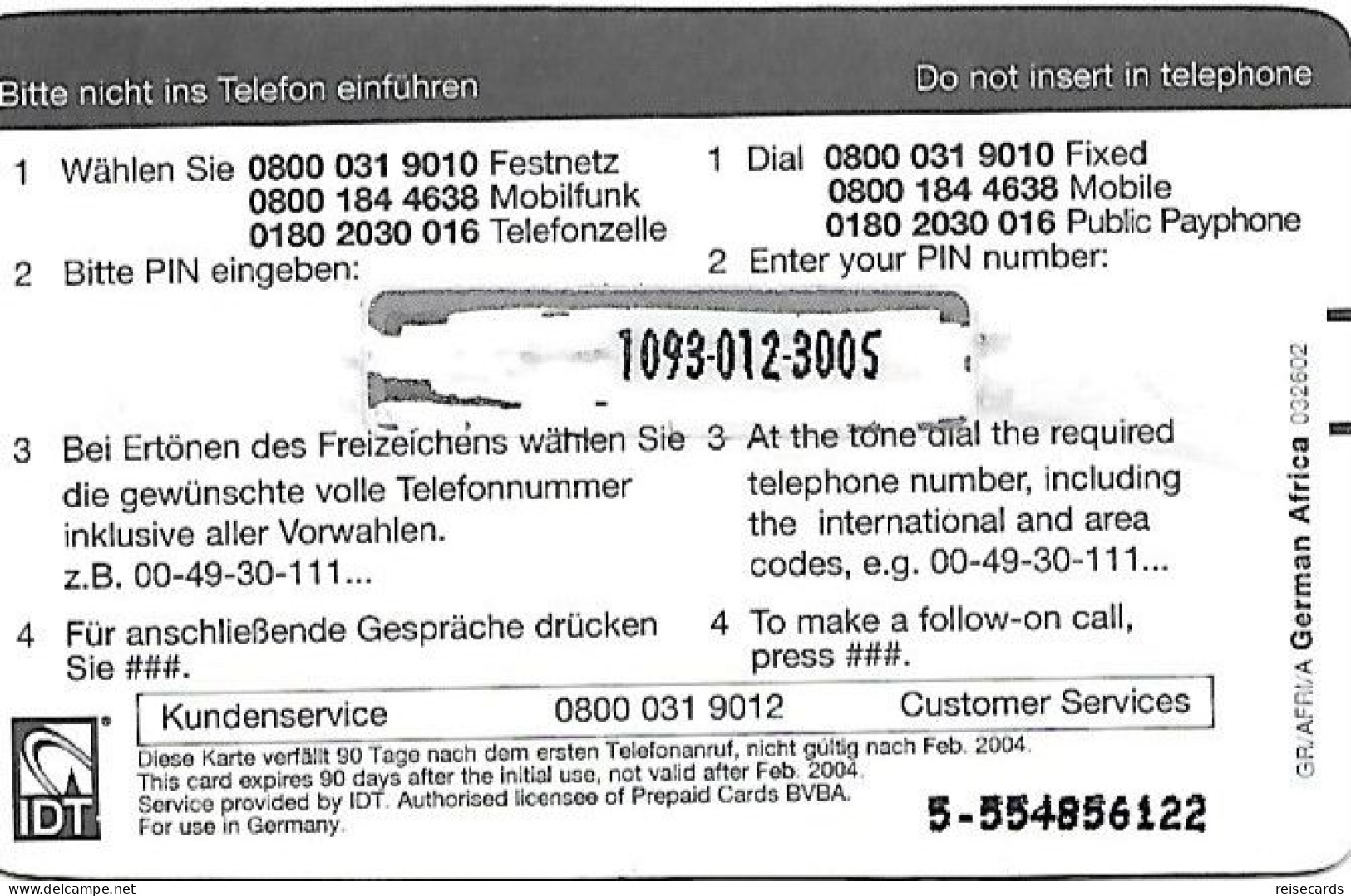 Germany: Prepaid IDT Afrika Karte 02.04 - GSM, Voorafbetaald & Herlaadbare Kaarten