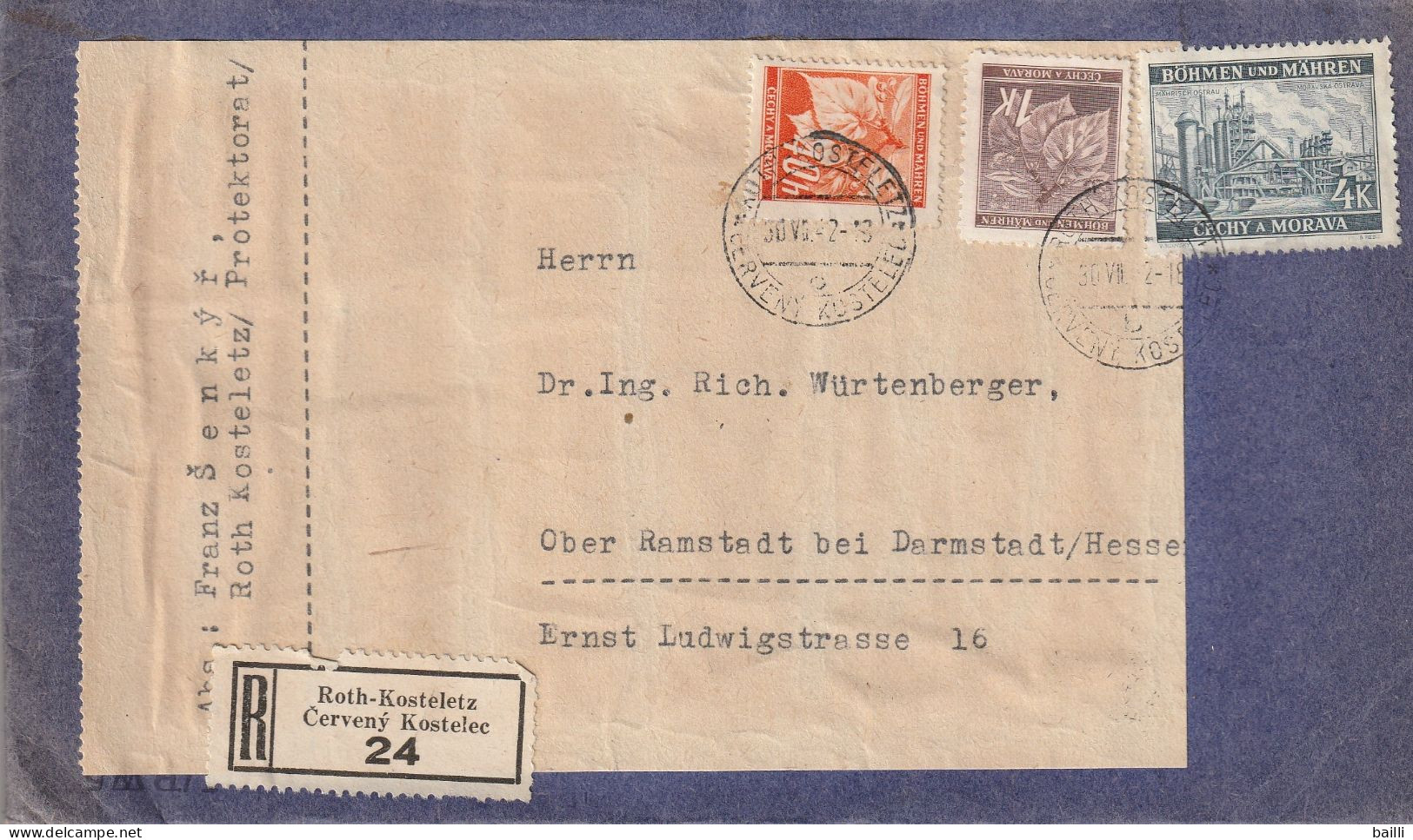 Bohême Et Moravie Lettre Recommandée Roth - Kosteletz Pour L'Allemagne 1942 - Storia Postale