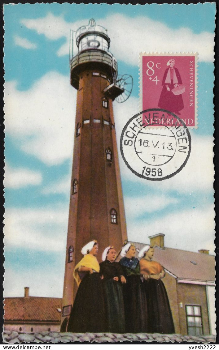 Pays-Bas 1958 Y&T 687 Sur Carte Maximum. Costumes Régionaux. Scheveningen, Phare - Vuurtorens