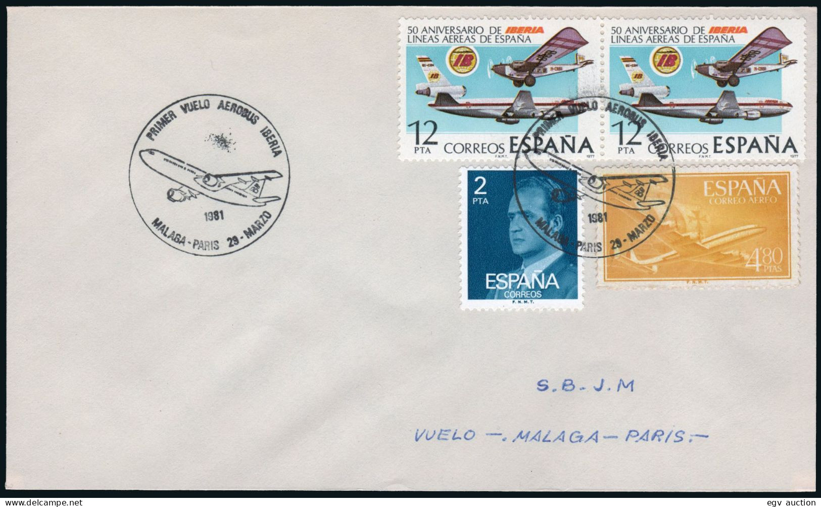 España - Edi O 2448(2)+.. - Mat "Primer Vuelo Aerobús IBERIA Málaga - Paris 29/Mar./1981" - Covers & Documents