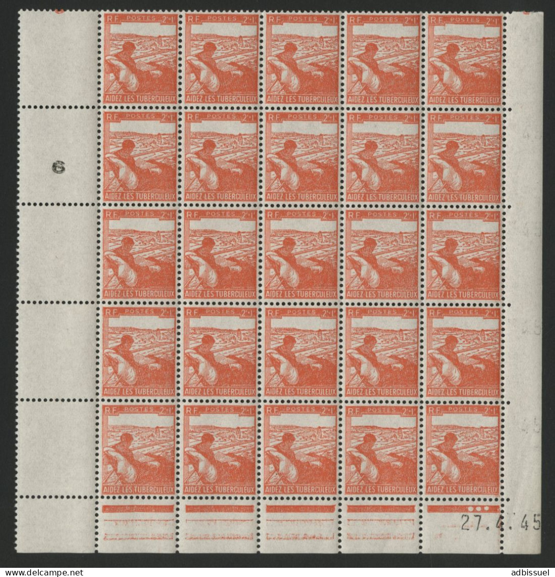 N° 736 2 Fr + 1 Fr TUBERCULEUX Panneau De 25 Ex Neufs ** MNH + Coin Daté 27/4/45 Cote 7,50 € - Feuilles Complètes