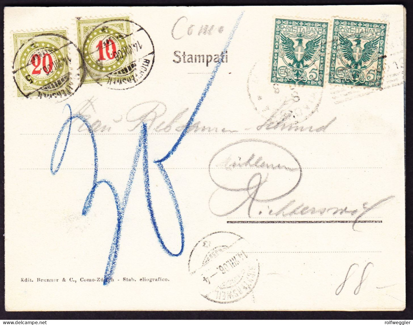 1906 Doppelkarte "Lago Di Como" Nach Richtersweil Mit Schweizer Nachportomarken.10 Rp Druckabart Bei "0" - Segnatasse