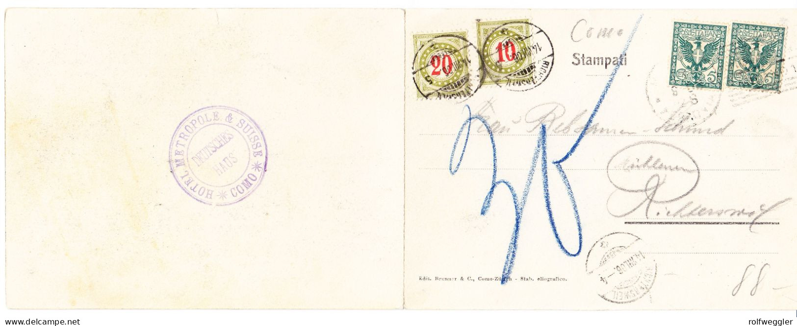 1906 Doppelkarte "Lago Di Como" Nach Richtersweil Mit Schweizer Nachportomarken.10 Rp Druckabart Bei "0" - Postage Due