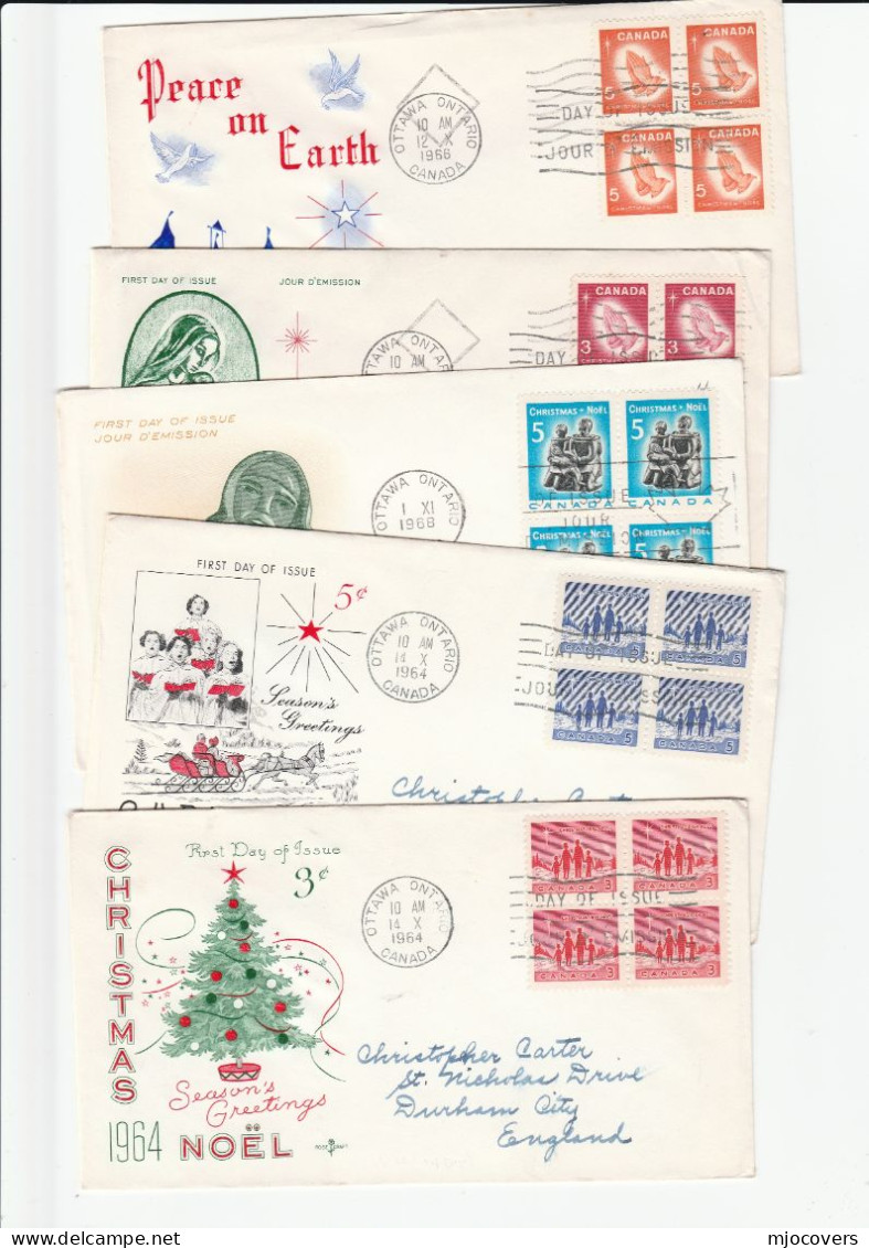 Collection 1964 - 1968  Blk Of 4 FDCs CHRISTMAS Stamps CANADA To GB Cover Fdc - 1961-1970