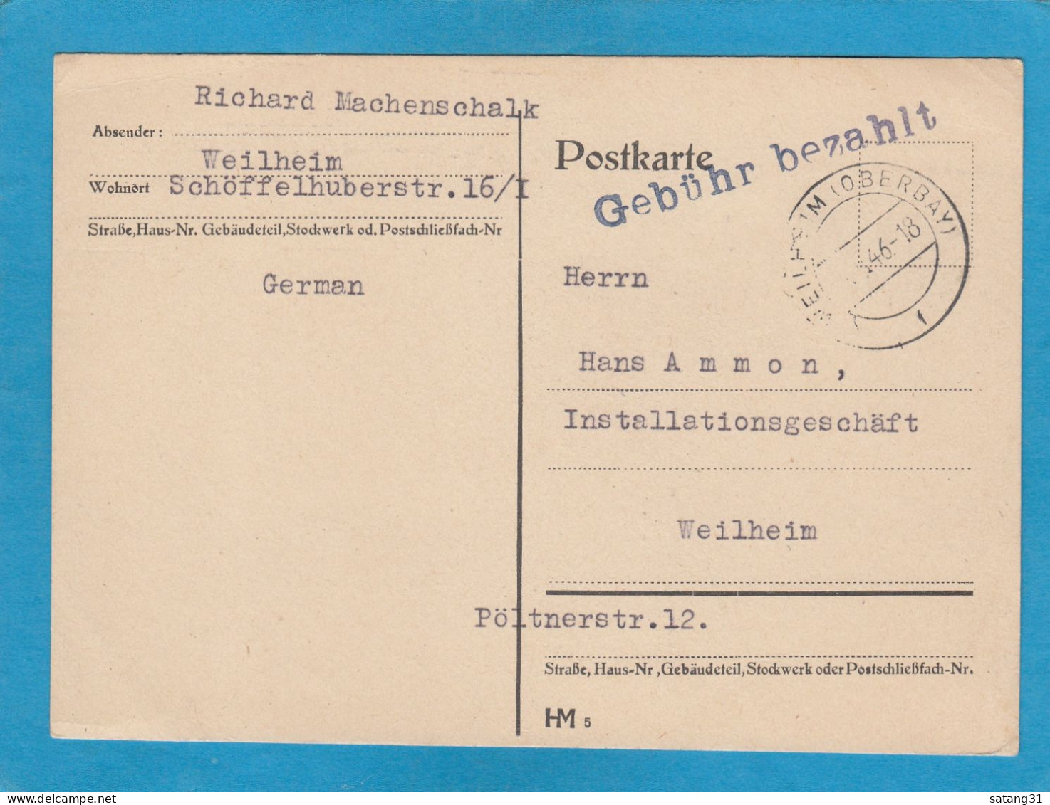 ORTSKARTE AUS WEILHEIM MIT "GEBÜHR BEZAHLT" STEMPEL,1946. - Nooduitgaven Amerikaanse Zone