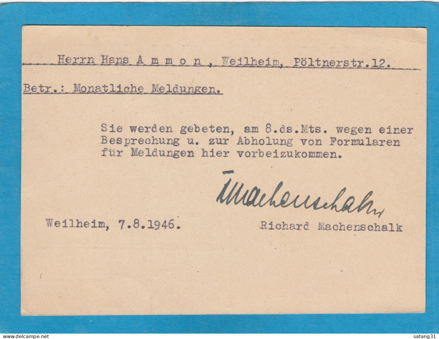 ORTSKARTE AUS WEILHEIM MIT "GEBÜHR BEZAHLT" STEMPEL,1946. - Emissions De Nécessité Zone Américaine