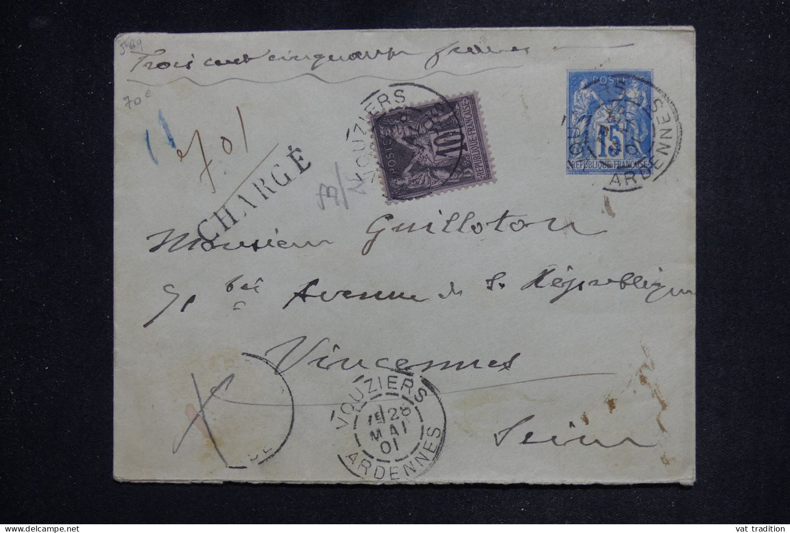 FRANCE - Entier Postal Sage  En Chargé Vouziers > Vincennes En 1901, Complément Sage 10 Ct - Timbre Manquant - L 151697 - Standard- Und TSC-Briefe (vor 1995)