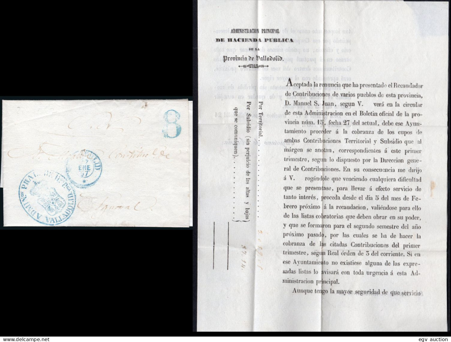 Valladolid - 1857 - Carta Impresa Marca "admón. Principal Valladolid" + Mat Fech. Tp. I Azul + Porteo "8" Azul - Covers & Documents