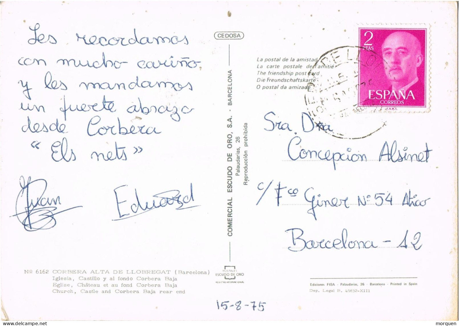 54741. Postal CORBERA De LLOBREGAT (Barcelona) 1975. Fechgador C.E.M. Especial Motorizado. Vista De Corbera Alta - Lettres & Documents