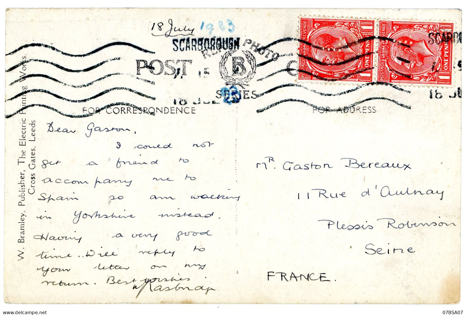 PERFIN GRANDE BRETAGNE CP 1923 SCARBOROUGH SUR TIMBRE PERFORE  PERFIN " L " VOIR LES SCANS - Storia Postale