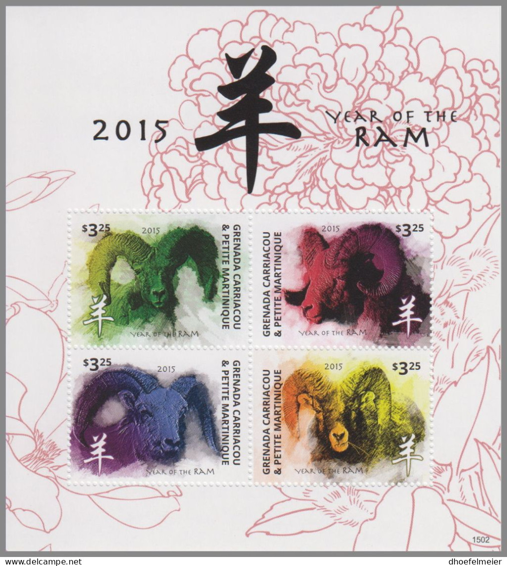 GRENADA CARRIACOU 2015 MNH Year Of The Ram  1502 M/S – OFFICIAL ISSUE – DHQ49610 - Nouvel An Chinois