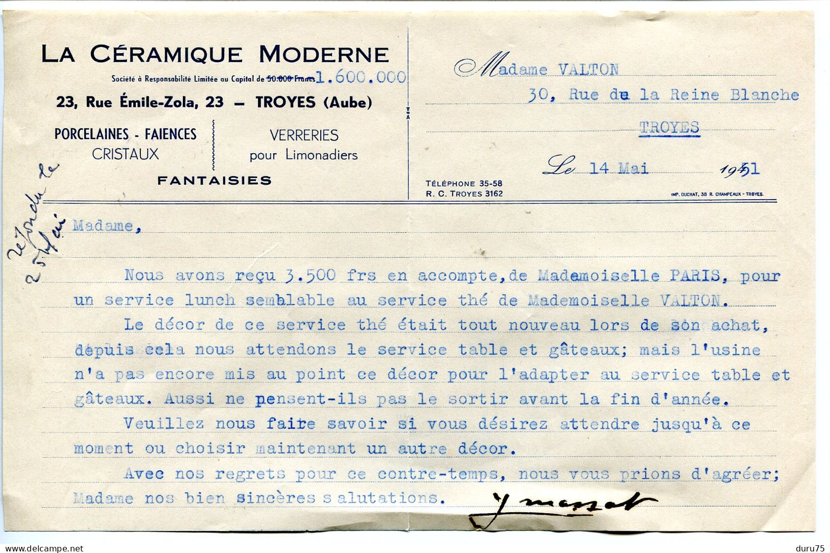Lettre Courrier Mai 1951 De La Céramique Moderne Rue Emile Zola à TROYES - Porcelaines Faïences Verreries - 1950 - ...