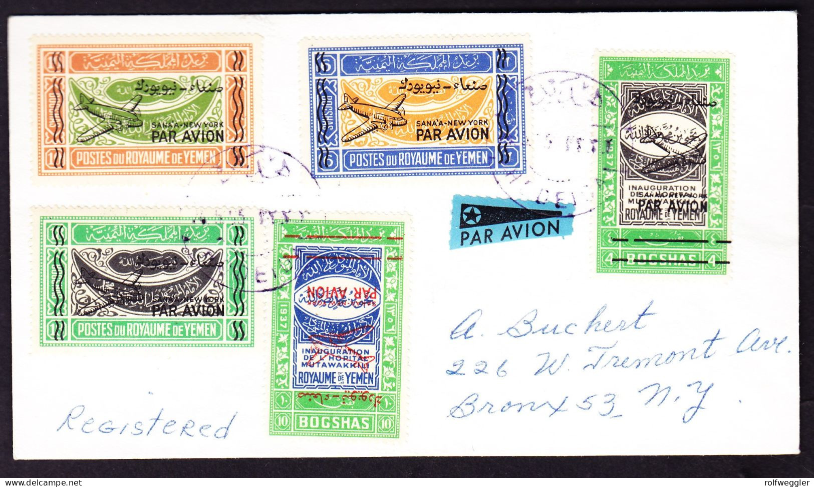 1956 Eingeschriebener R-Brief Aus Hodaida Nach New York. Mit 5 Verschiedenen Flugpost Marken Frankiert. - Yemen