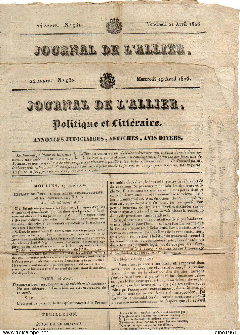 VP23.093 - MOULINS ( Allier ) 1826 - 2 Journaux - Journal Politique Et Littéraire De L'Allier ..... - 1800 - 1849