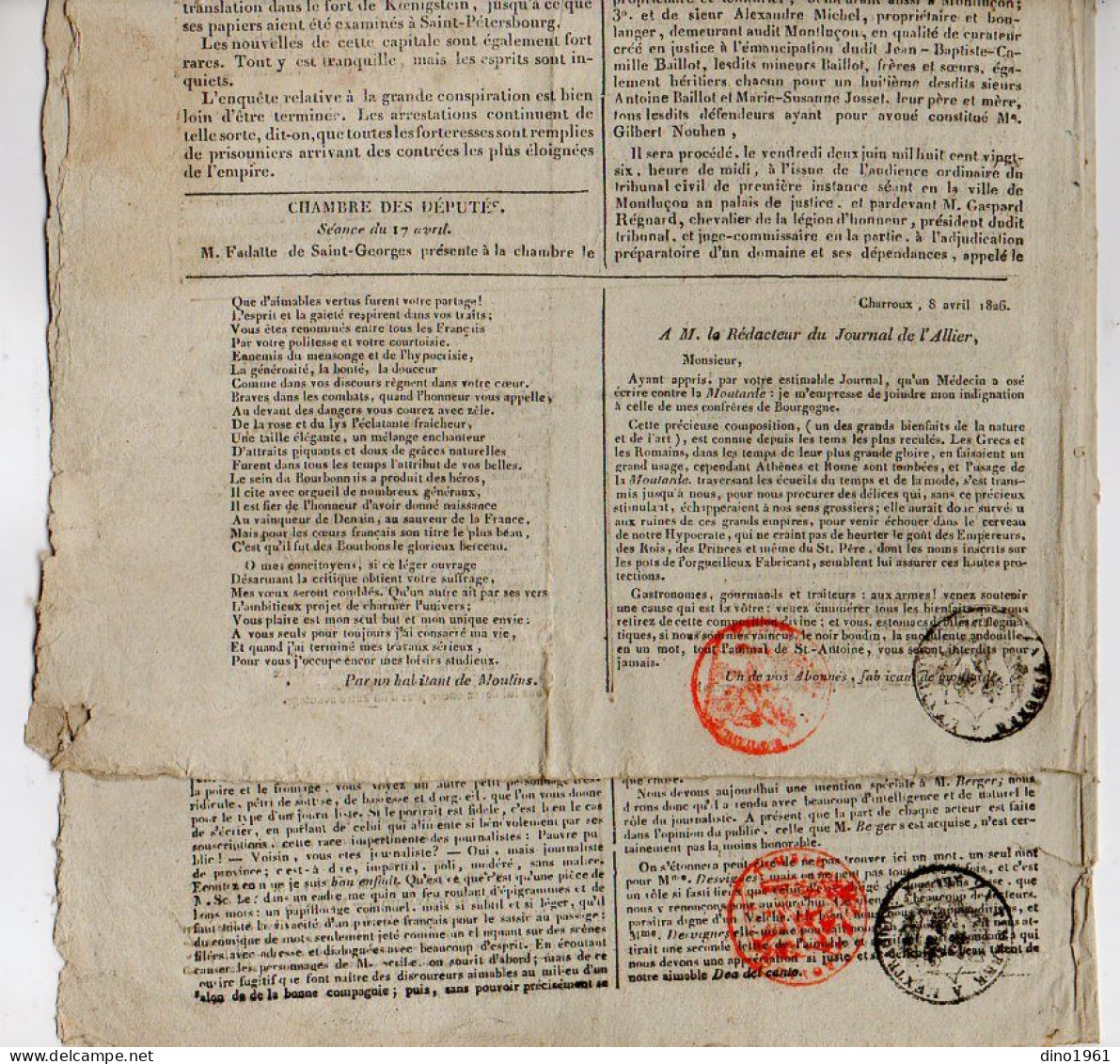 VP23.093 - MOULINS ( Allier ) 1826 - 2 Journaux - Journal Politique Et Littéraire De L'Allier ..... - 1800 - 1849