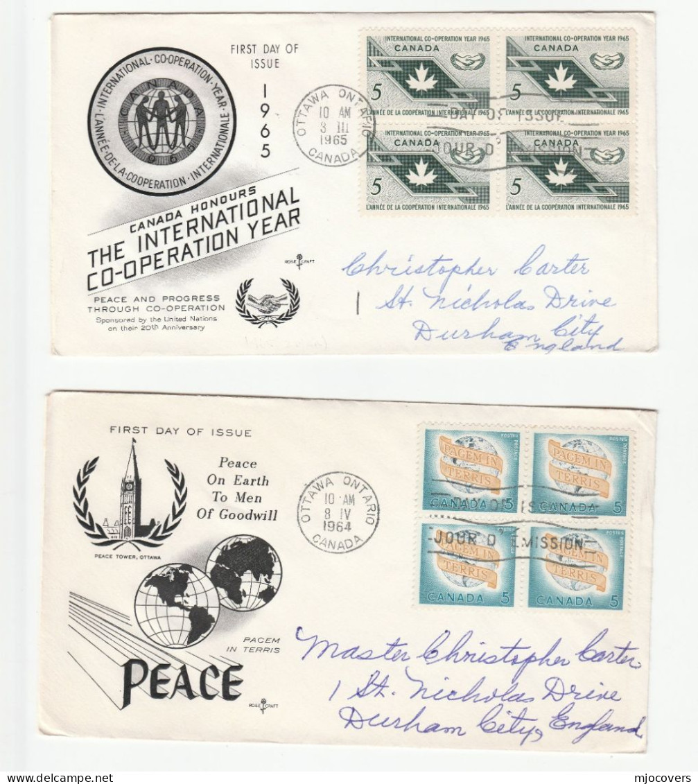 PEACE & INternational CO-OPERATION 2 Diff Blk  4 Stamps FDCs CANADA Cover Fdc 1964 - 1965 - 1961-1970