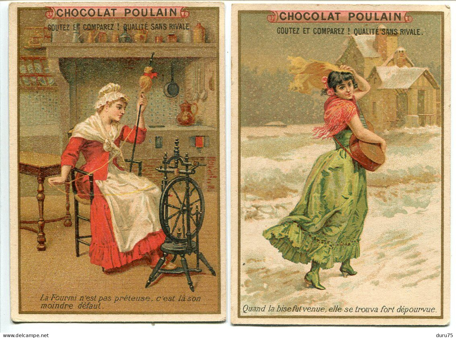 CHROMO IMAGE LOT De 2 * CHOCOLAT POULAIN La Cigale Et La Fourmi ( Femme Filant Rouet Et Femme Rue Neige ) - Poulain