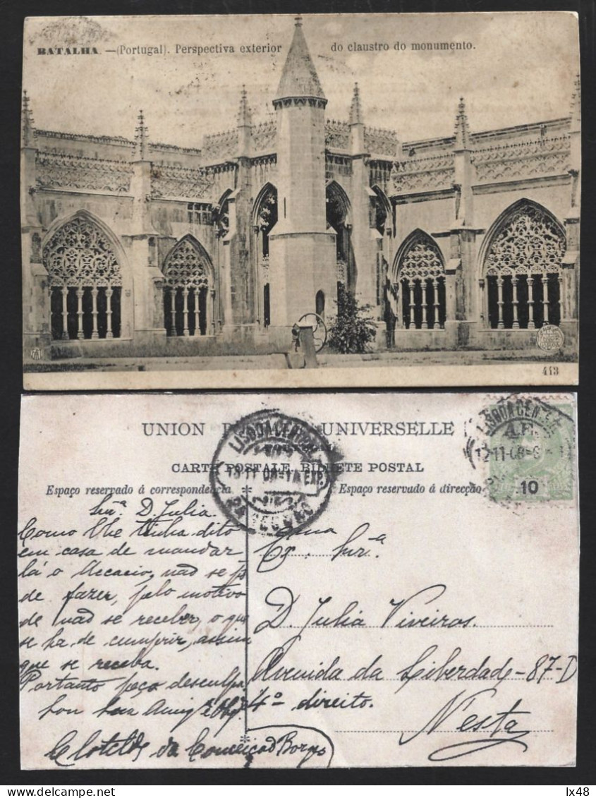 Postal Mosteiro Batalha Circulado Stamp 10rs D. Carlos 1908. Postcard Batalha Monastery Circulated Stamp 10rs D. Carlos - Covers & Documents