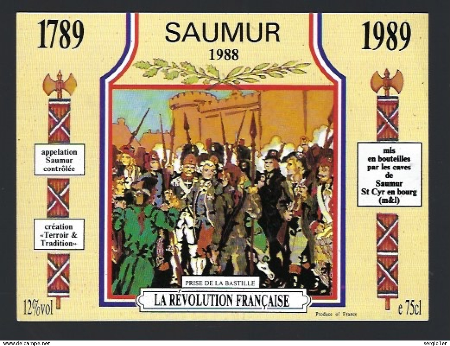 Etiquette Vin Saumur 1988 La Révolution Française 1789-1989 Prise De La Bastille - Red Wines