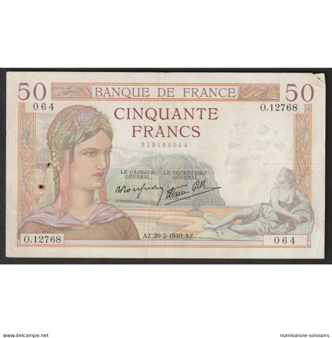 FAY 18/40 - 50 FRANCS CERES - TYPE 1933 - 29/02/1940 - PICK 85 - TTB - 50 F 1934-1940 ''Cérès''