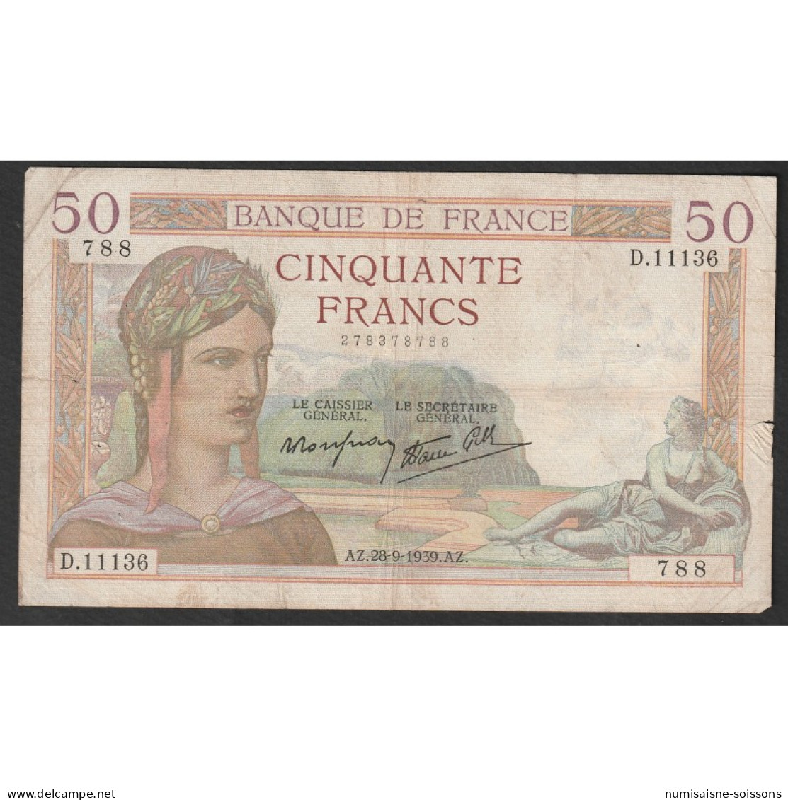 FAY 18/32 - 50 FRANCS CERES - TYPE 1933 - 28/09/1939 - PICK 85 - TB+ - 50 F 1934-1940 ''Cérès''