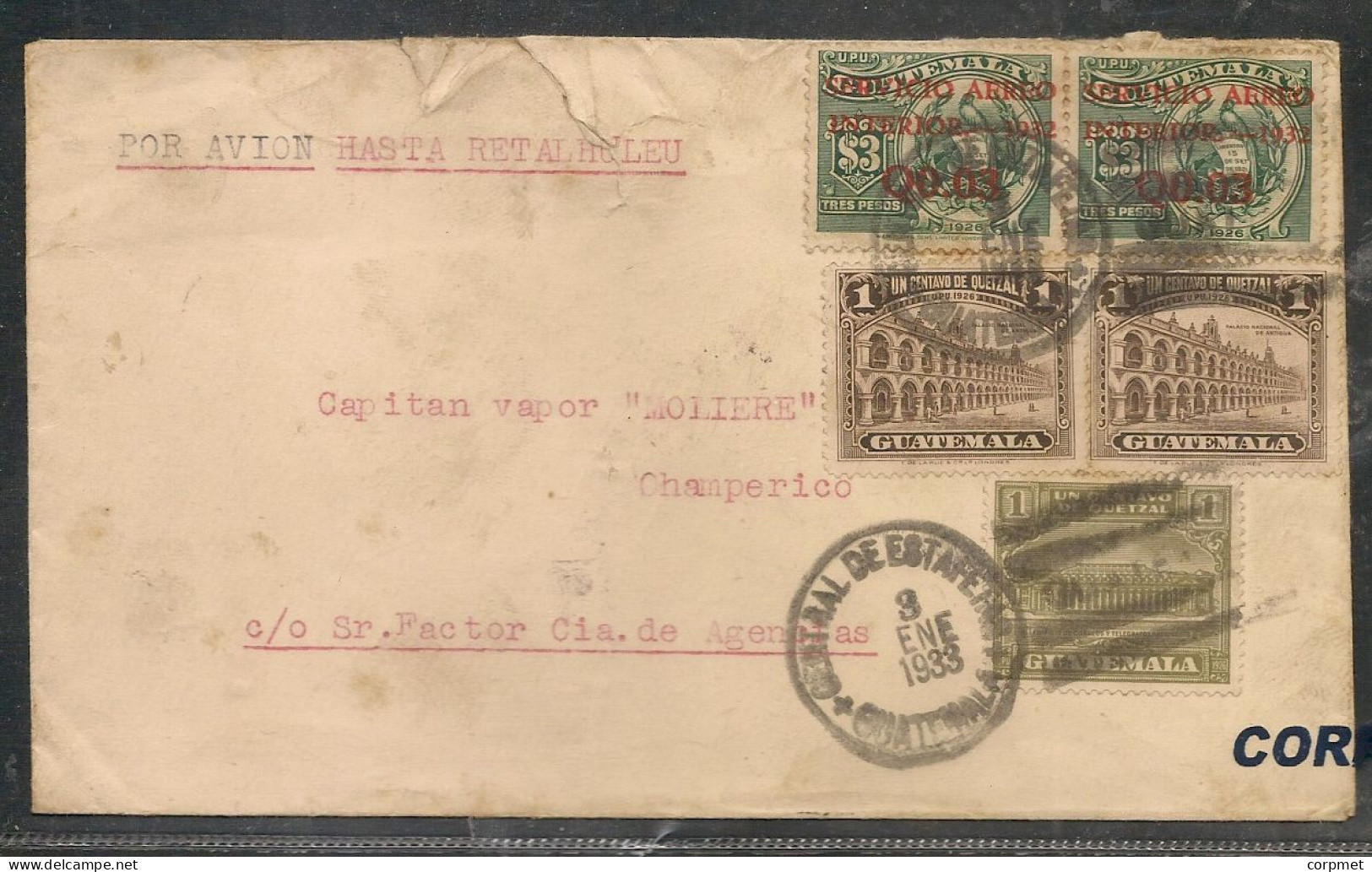 GUATEMALA  Vf Exhibit Cover 1933 Multiple Franking - GUATEMALA CITY To CHAMPERICO - Por Avion To RETALHULEU  See DESCRIP - Guatemala