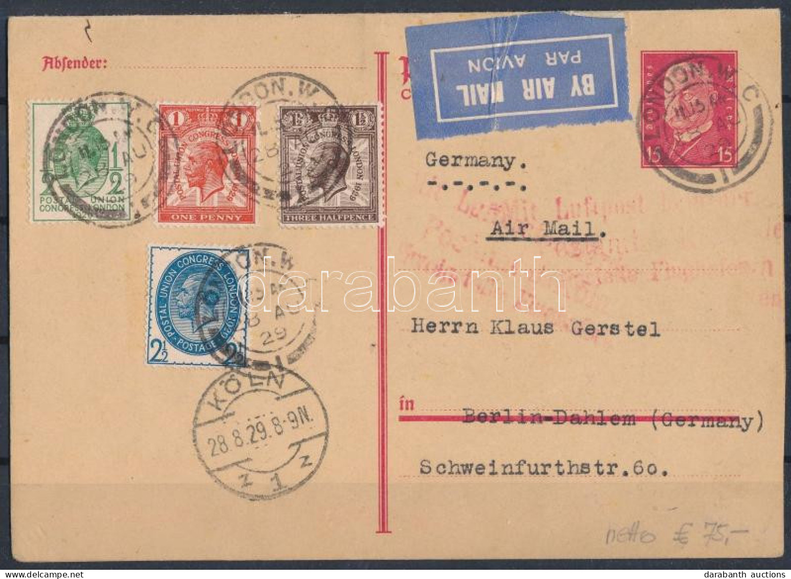 Deutsches Reich 1929 Légiposta Levelezőlap "BERLIN" - London, A Válaszlap Angol Bélyegekkel Díjkiegészítve, Majd Visszak - Sonstige & Ohne Zuordnung