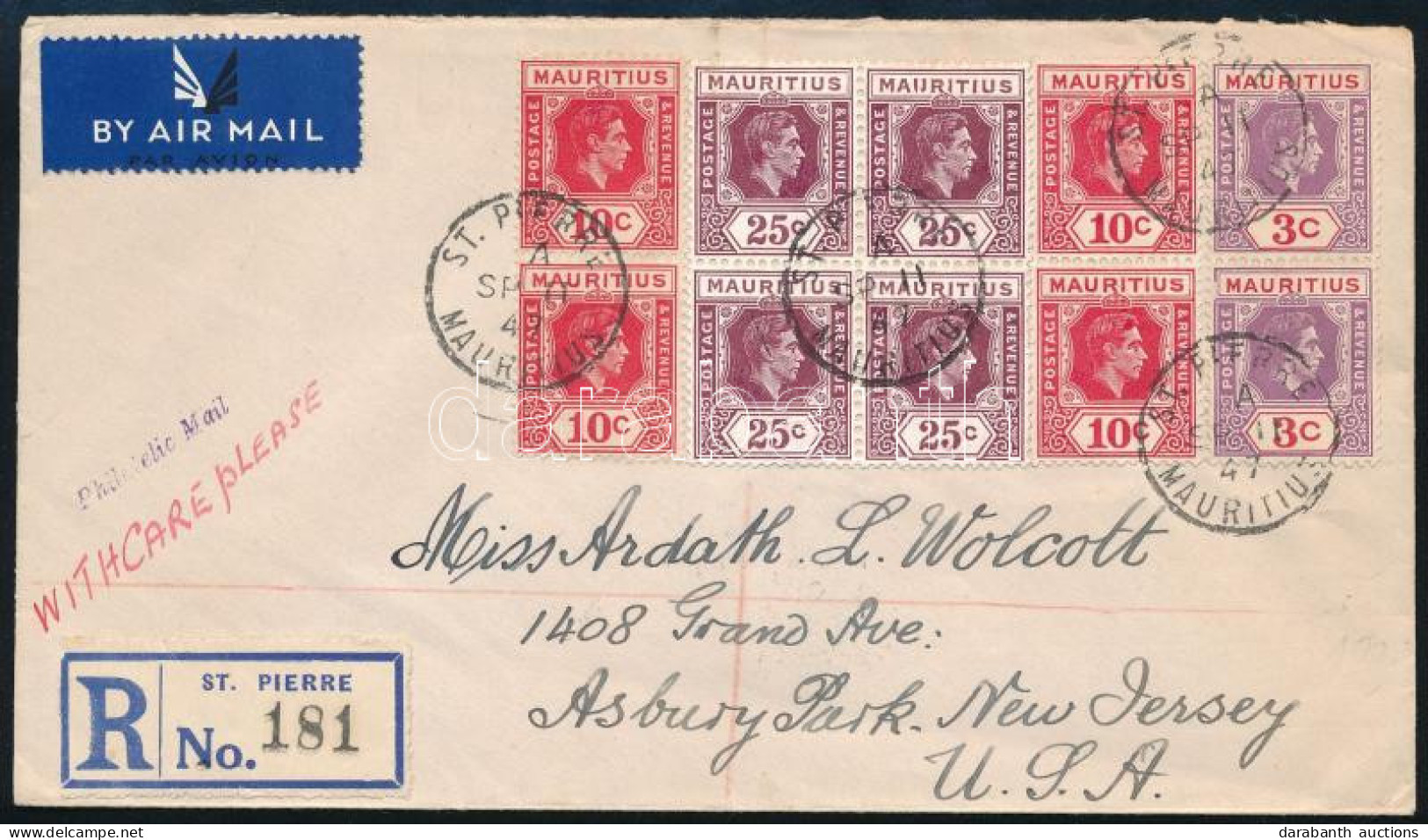 Mauritius 1947 Légiposta Ajánlott Levél New Jersey-be, Az USA-ba Küldve - Other & Unclassified