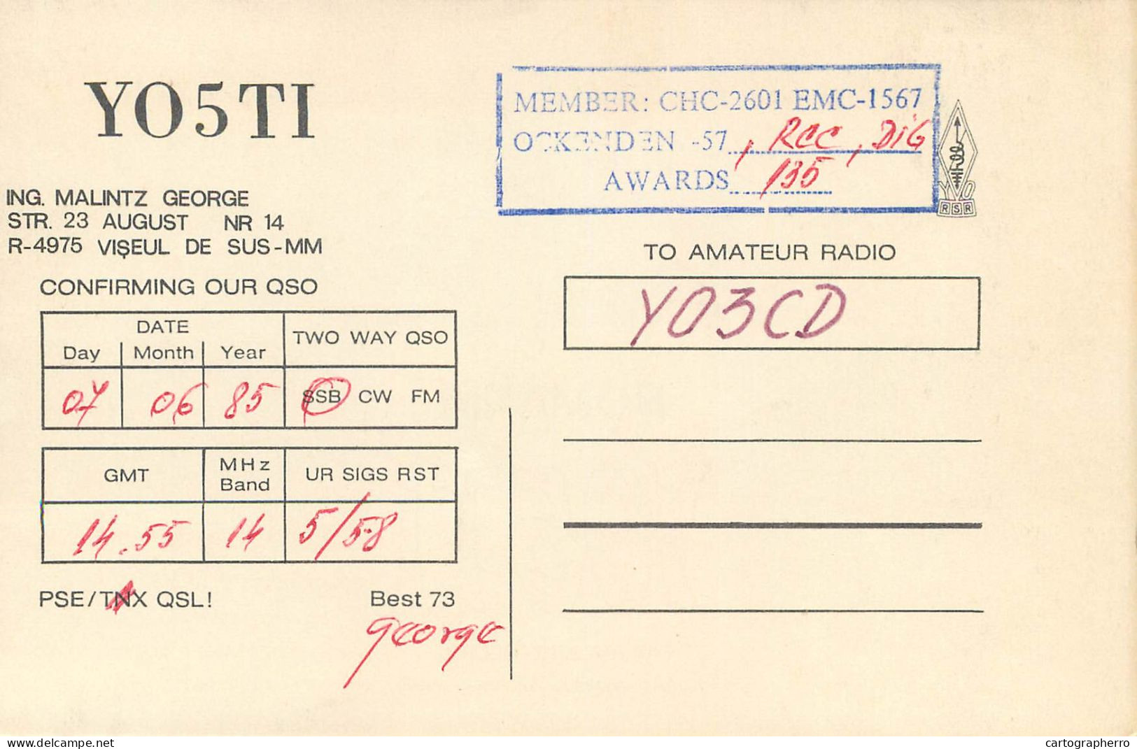 Romania Radio Amateur QSL Post Card Y05TI Y03CD - Radio Amatoriale