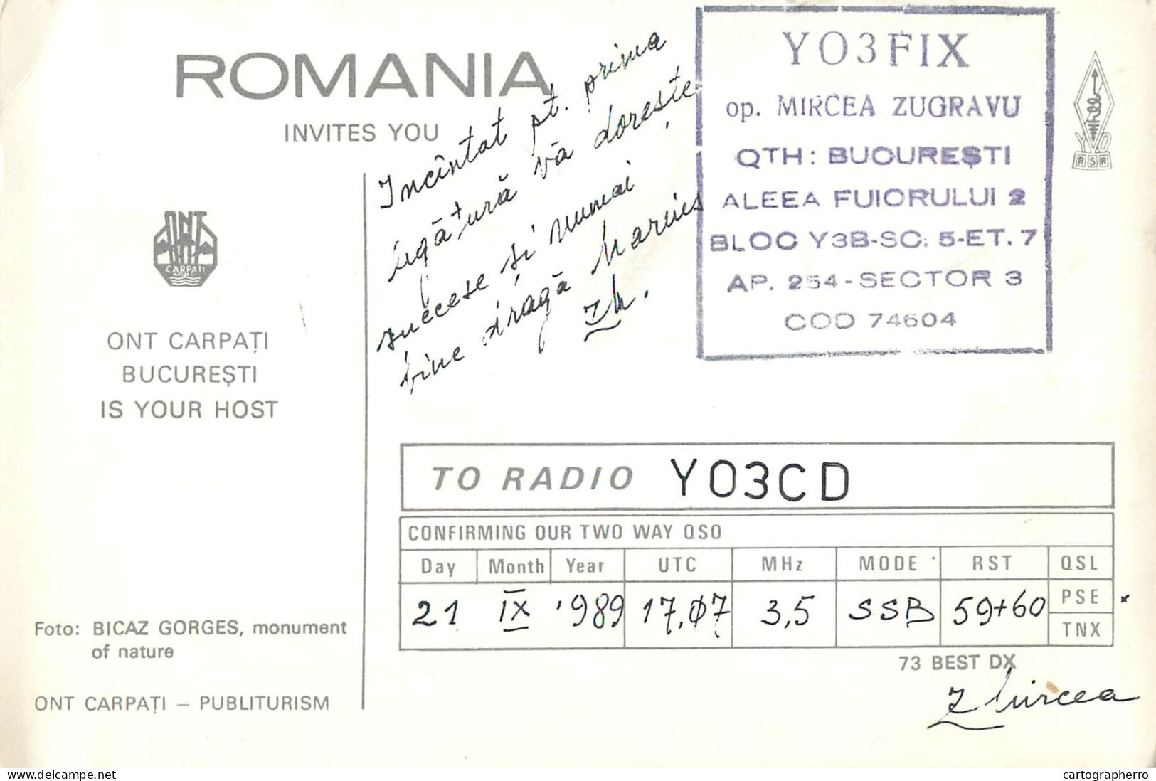 Romania Radio Amateur QSL Post Card Y03CD Y03FIX - Radio Amatoriale