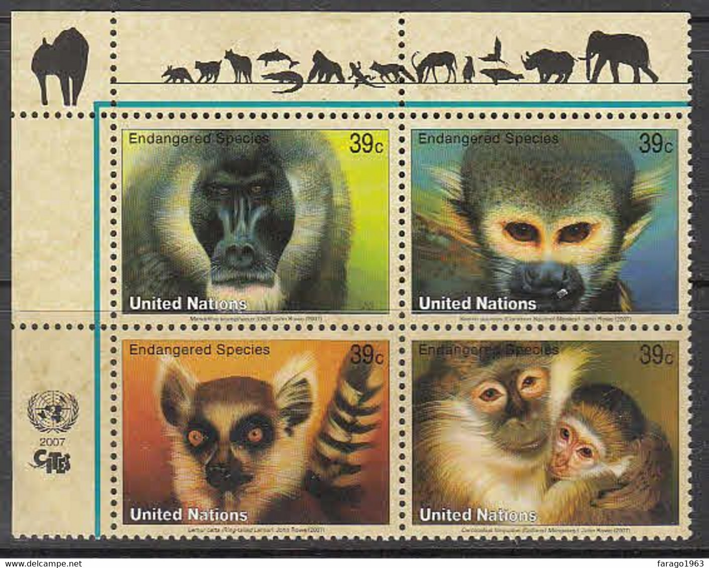 2007 United Nations New York Endangered Species Monkeys Complete Block Of 4 MNH @ BELOW FACE VALUE - Neufs