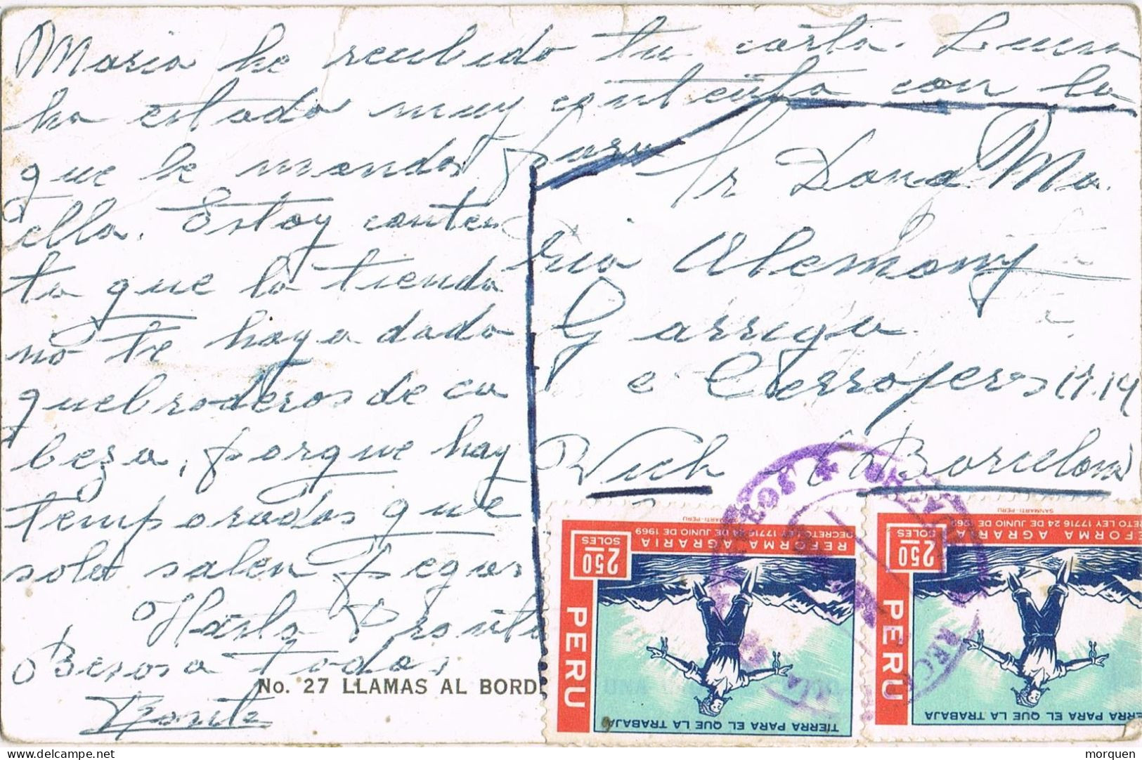 54750. Postal Aerea HUACHO (Peru) 1969. Vista De LLAMAS Al Borde Del Agua - Peru