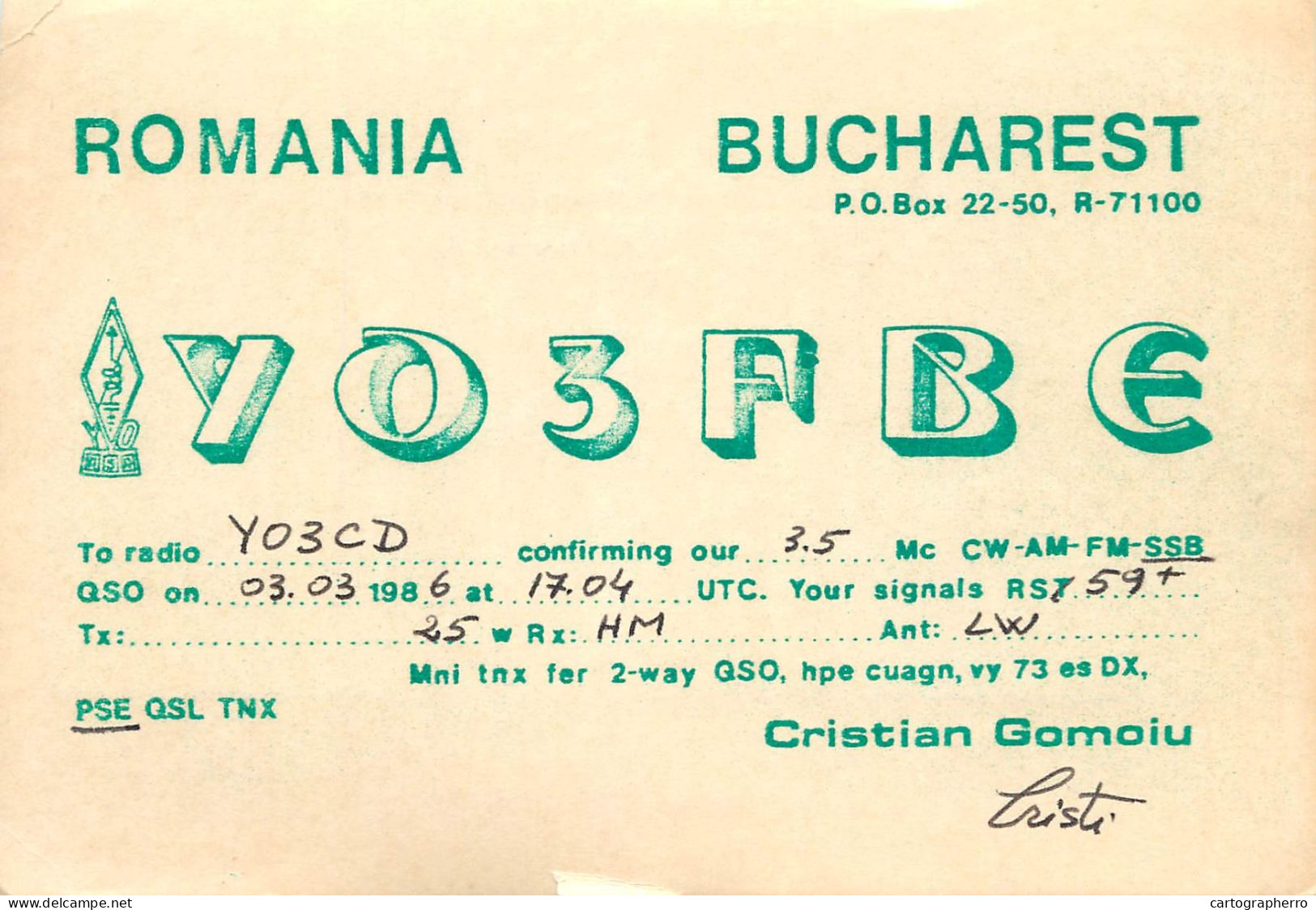 Romania Radio Amateur QSL Post Card Y03FBE Y03CD - Radio Amatoriale