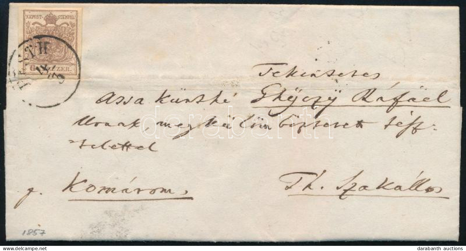 1857 Teljes Levél 6kr Bérmentesítéssel "PESTH" - Komáromon át Th. Szakállasra - Other & Unclassified