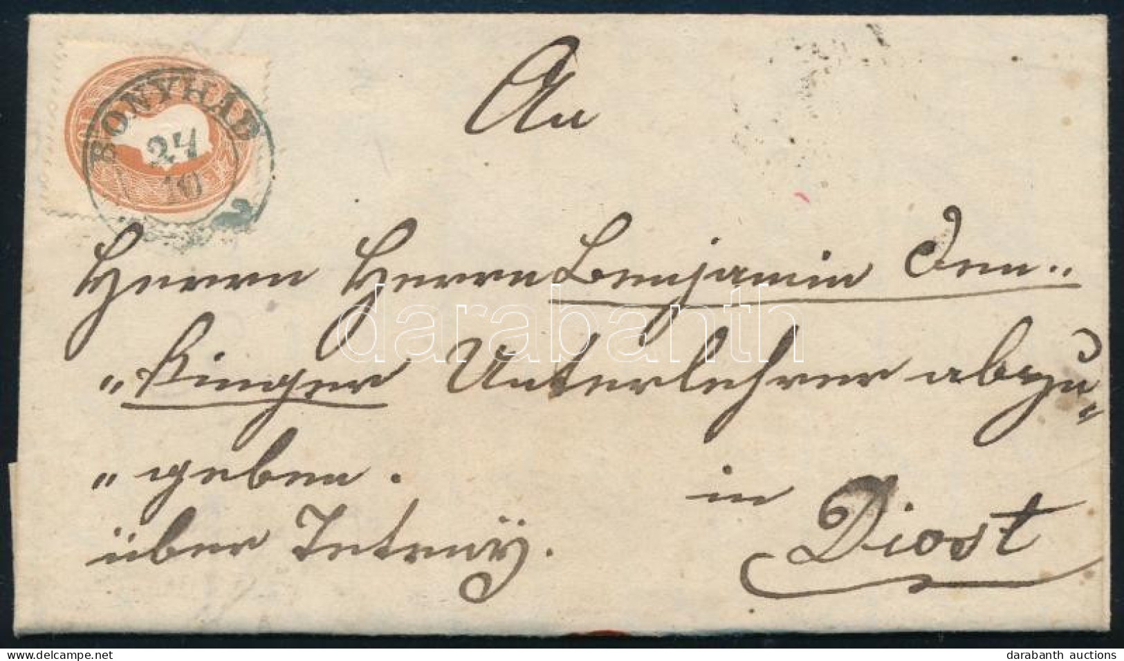 1862 Levél 10kr Bérmentesítéssel Diósdra Küldve Kék "BONYHÁD" Bélyegzéssel, Teljes Tartalommal (Gudlin 400 P) - Other & Unclassified