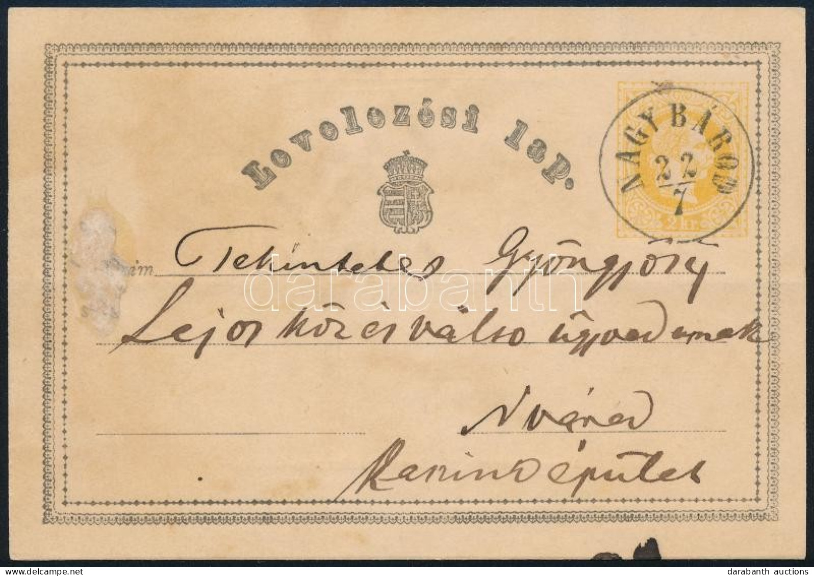 1870 2kr Díjjegyes Levelezőlap / PS-card "NAGY BÁROD" (Gudlin 350 P) - Autres & Non Classés