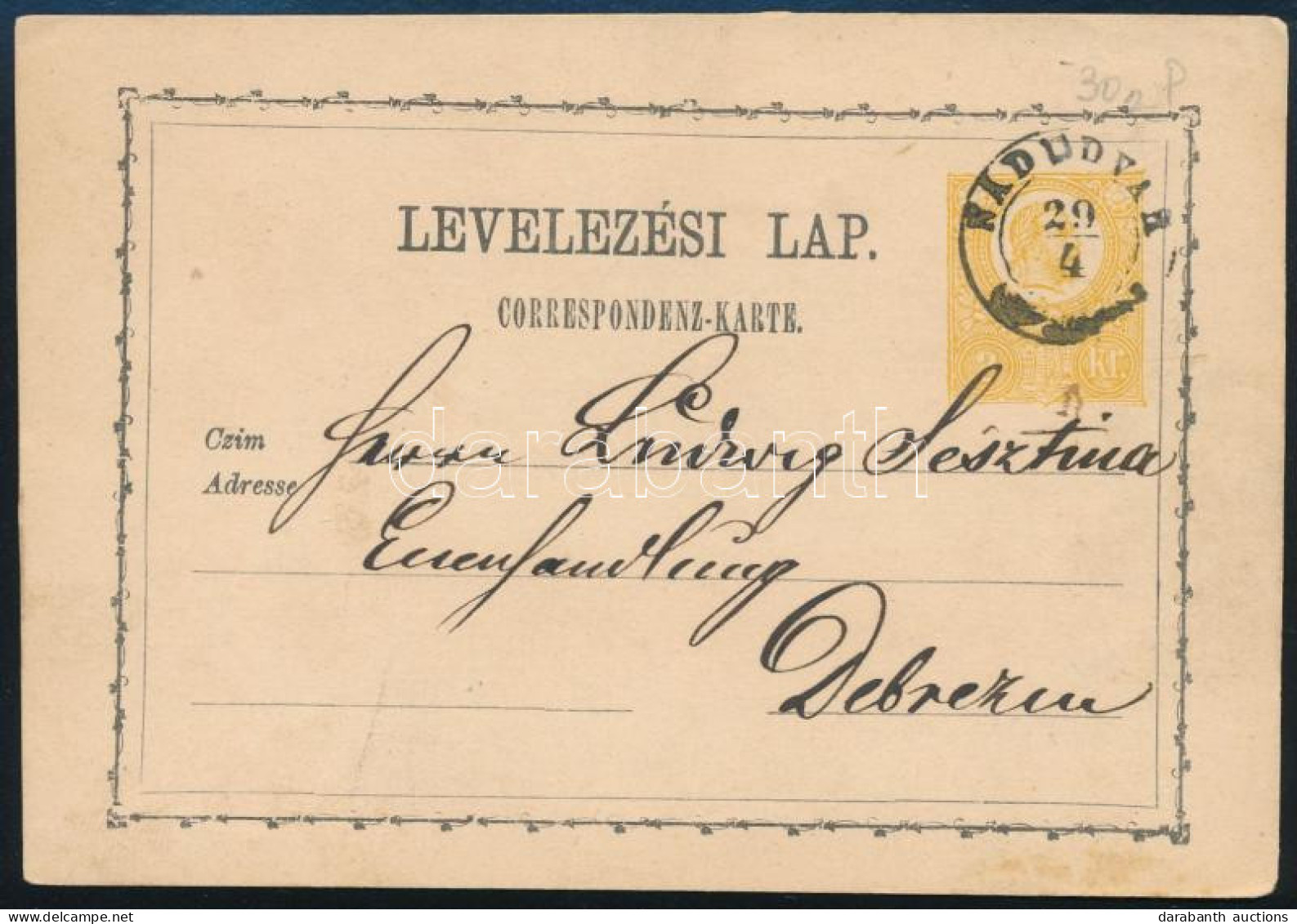 1872 2kr Díjjegyes Levelezőlap "NÁDUDVAR" - Debreczin - Other & Unclassified