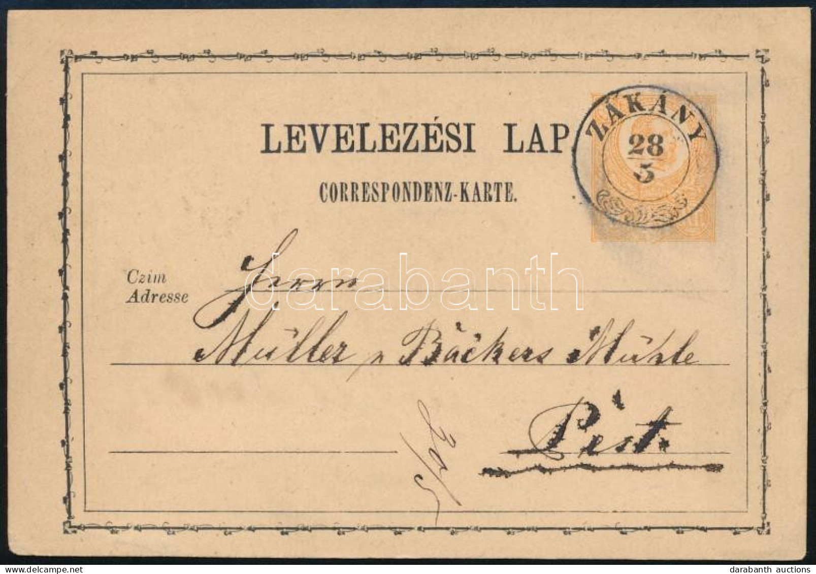 1873 2kr Díjjegyes Levelezőlap "ZÁKÁNY" - Other & Unclassified