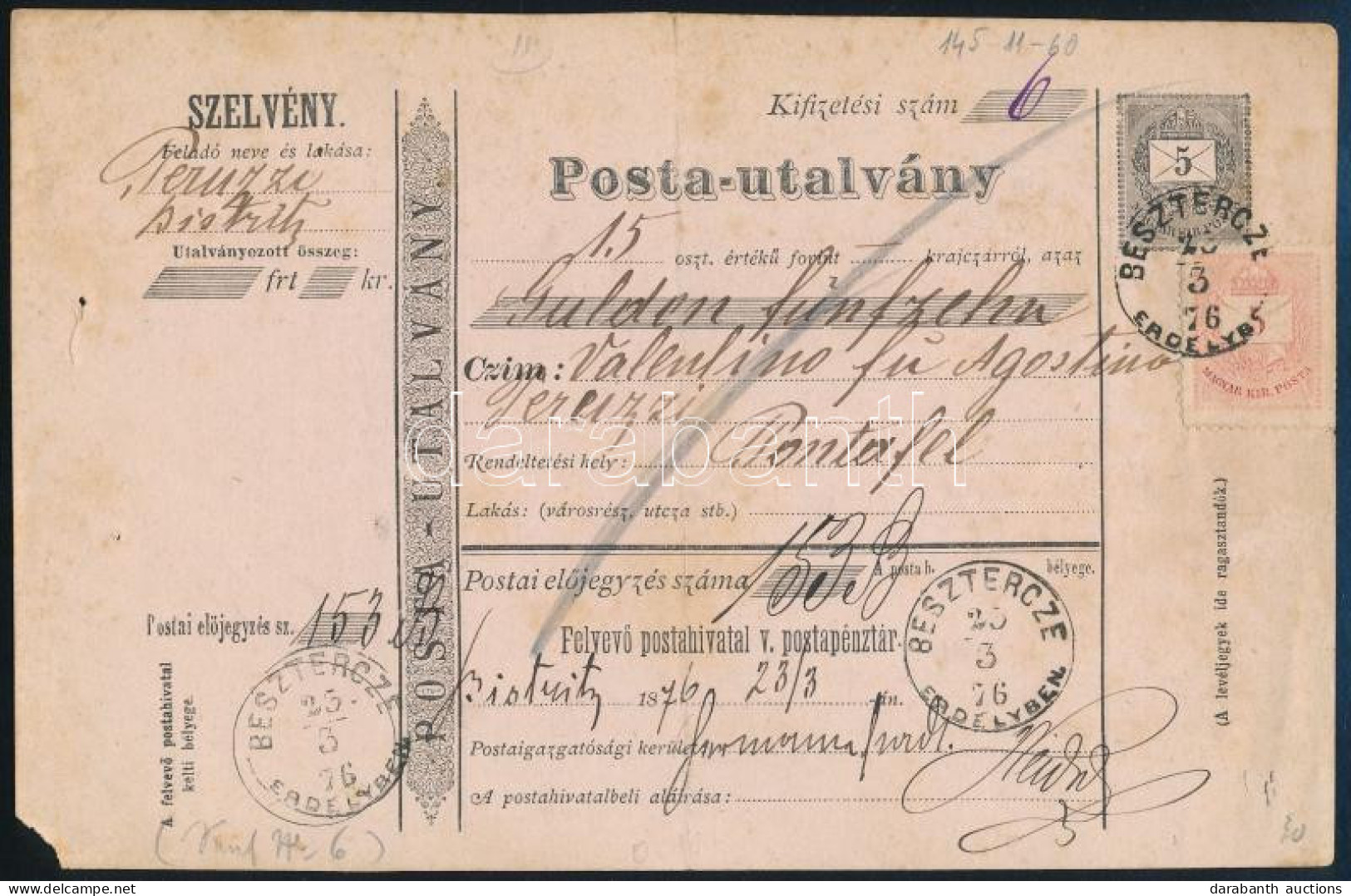 1876 Postautalvány Színesszámú 5kr Bélyeggel "BESZTERCZE / ERDÉLYBEN" - "PONTAFEL" - Altri & Non Classificati