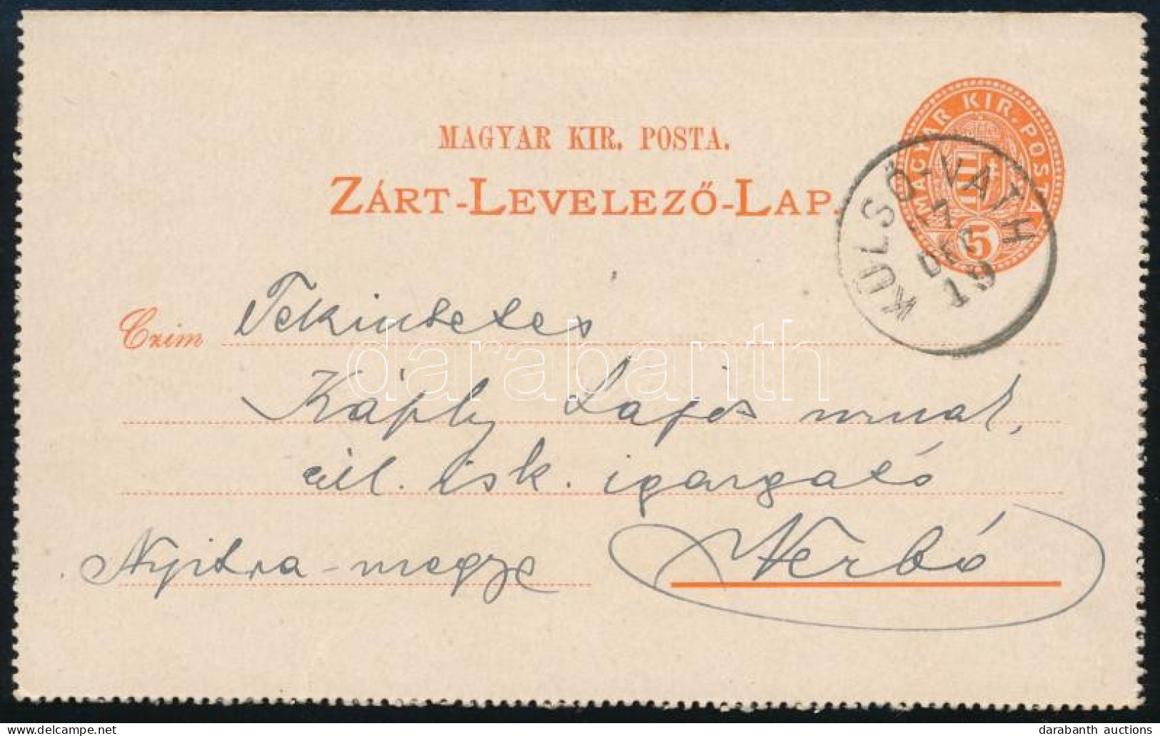 1887 5kr Zárt Levelezőlap "KÜLSŐ-VÁTH" - Verbó (Gudlin: 100p) - Autres & Non Classés