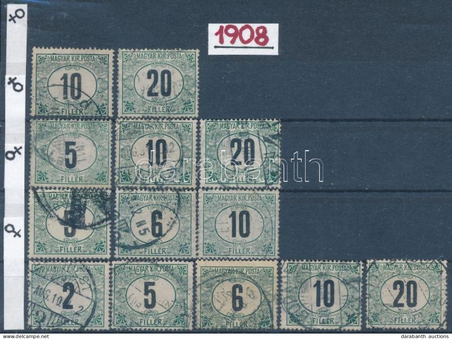 O 1908 Zöldportó összeállítás Vízjelállások Szerint, 13 Db Bélyeg Stecklapon (58.900) - Autres & Non Classés