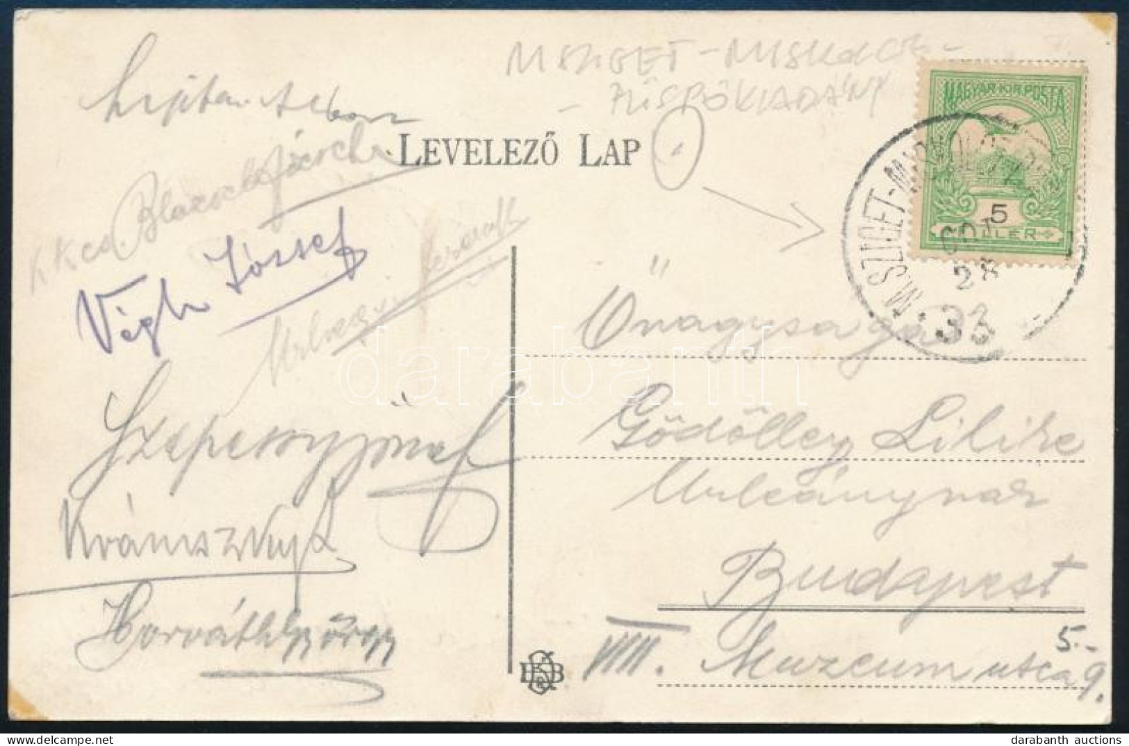 ~1905 Képeslap Turul 5f Bérmentesítéssel "M.SZIGET - MISKOLCZ - (PÜSPÖKLADÁNY)" Vasúti Bélyegzéssel Budapestre Küldve - Andere & Zonder Classificatie