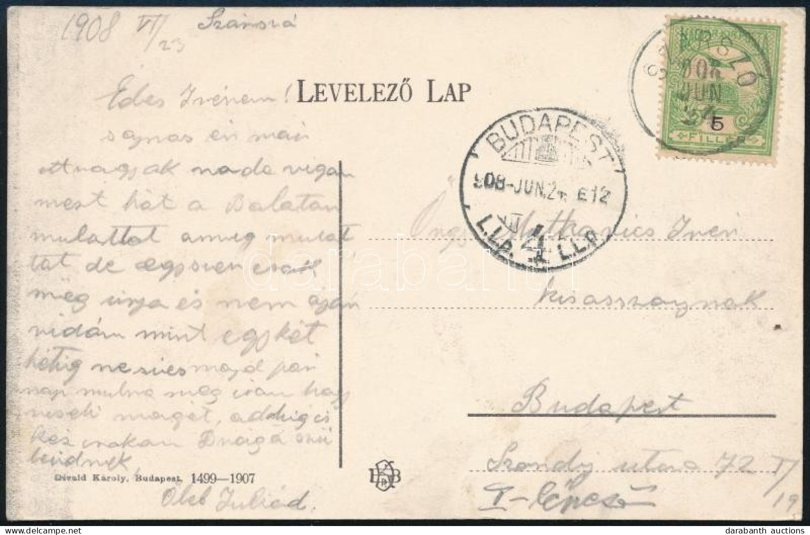 1908 Turul 5f Balaton Képeslapon "SZÁRSZÓ" - Budapest - Altri & Non Classificati