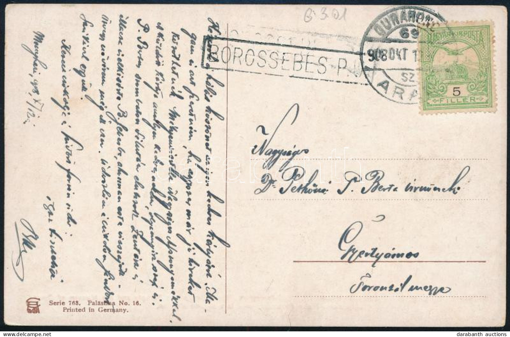 1908 Képeslap BOROSSEBES Pályaudvari Bélyegzéssel / Postcard With Postal Agency Postmark - Other & Unclassified
