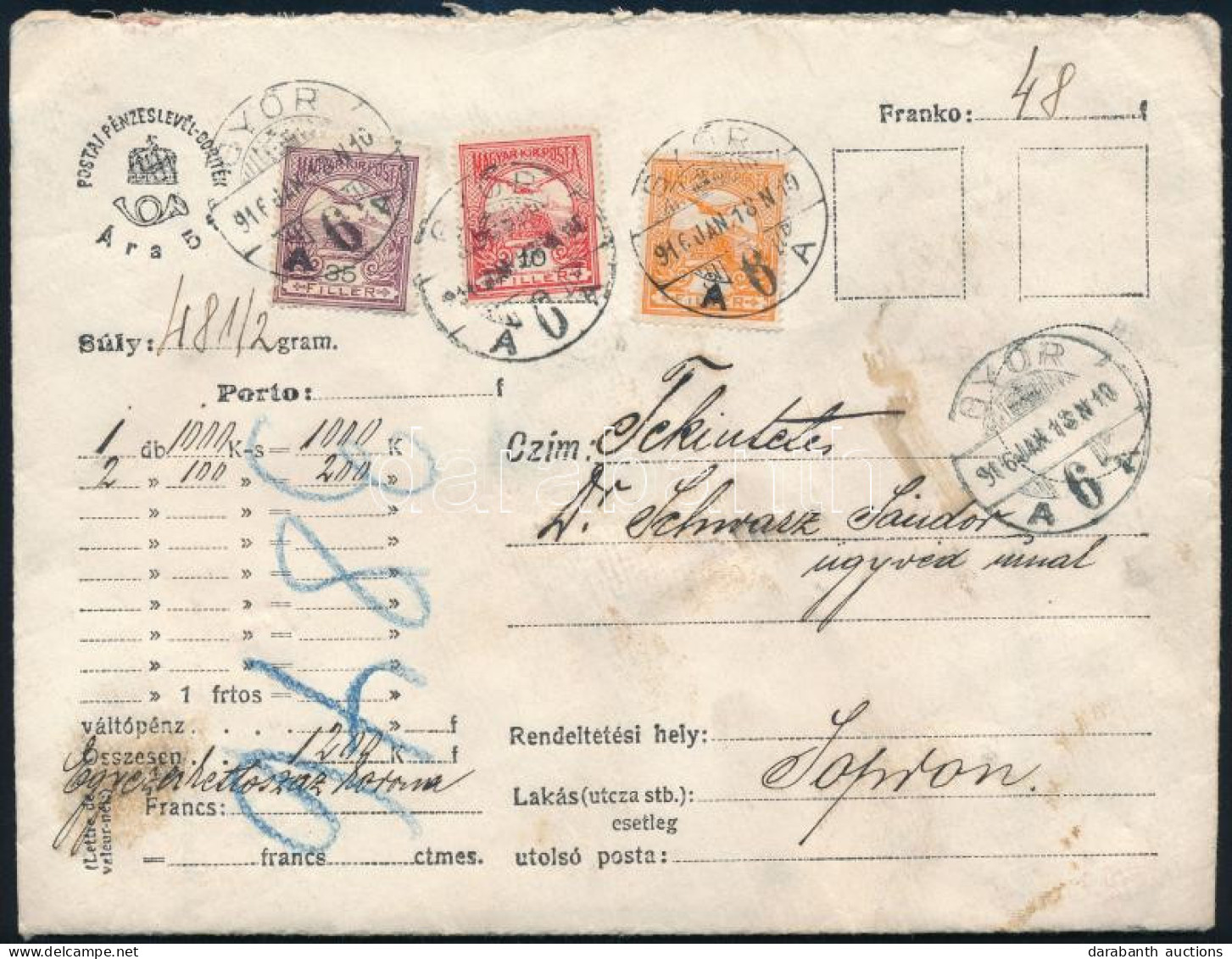 1916 Pénzes Levél 48f Bérmentesítéssel (3 Színű) / Insured Cover "GYŐR" - Sopron - Andere & Zonder Classificatie