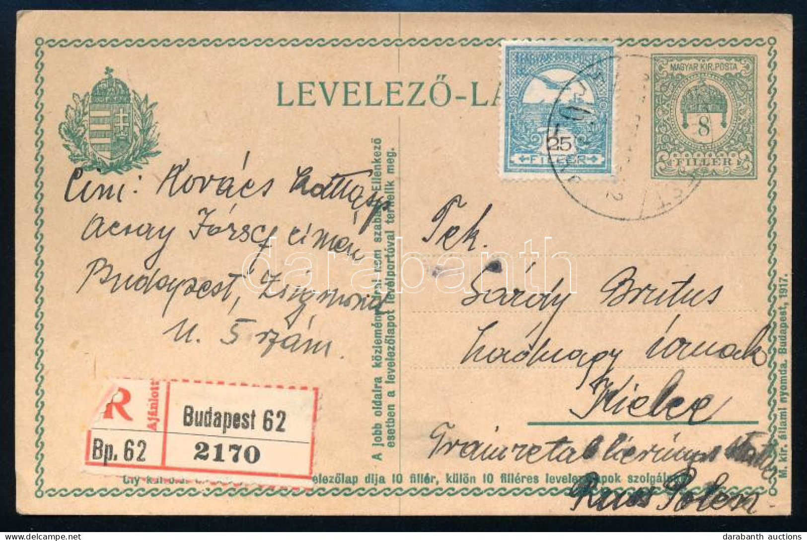 1917 Ajánlott Díjjegyes Levelezőlap Díjkiegészítéssel Lengyelországba / Registered PS-card With Additional Franking To P - Other & Unclassified