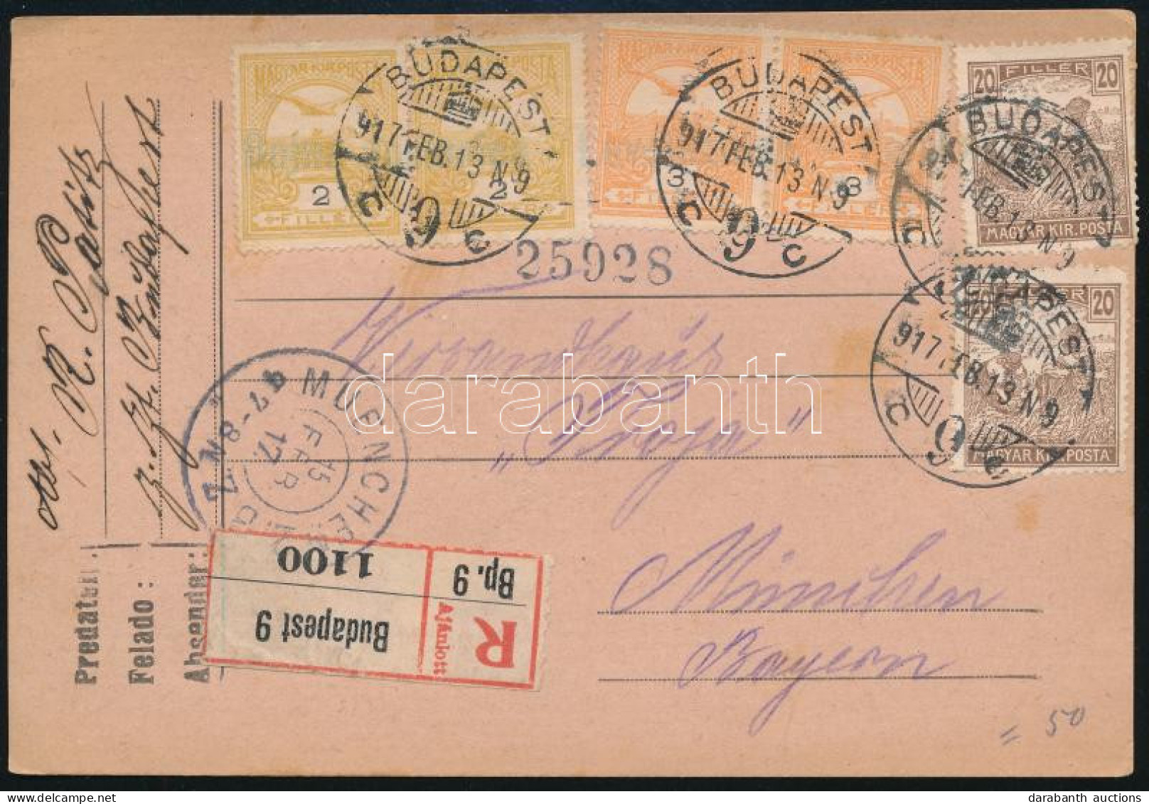 1917 Ajánlott Levelezőlap 6 Bélyeggel Münchenbe / Registered Postcard To München - Other & Unclassified