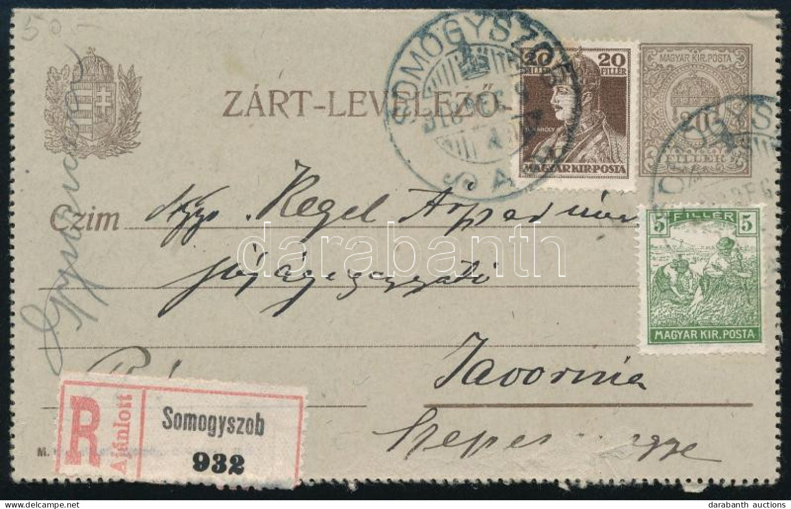 1918 Ajánlott 20f Díjjegyes Zárt Levelezőlap 5f + 20f Kiegészítéssel "SOMOGYSZOB" - Javorina - Andere & Zonder Classificatie