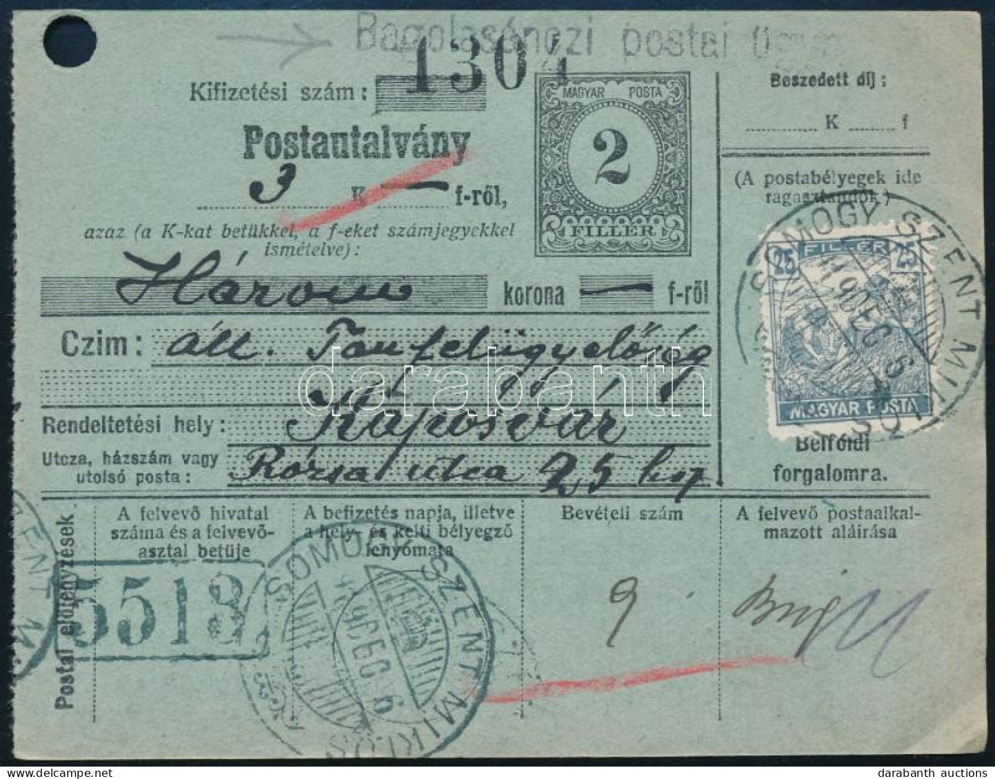 1919 Postautalvány Magyar Posta 25f Bérmentesítéssel "SOMOGY SZENT MIKLÓS" - Altri & Non Classificati